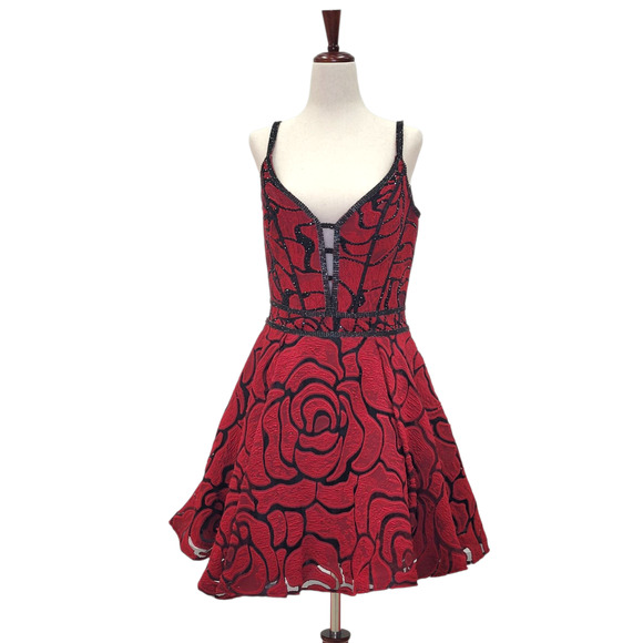 NWT Women's Red and Black Short Dress with Deep V Neck - Picture 1 of 7